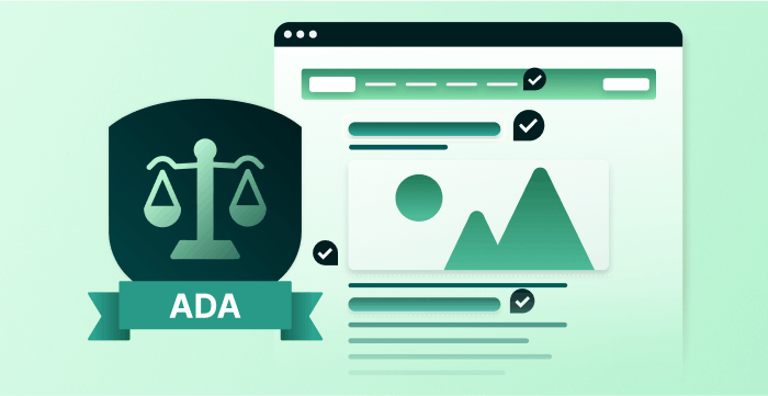 A stylized green website showing a series of checkmarks, next to an icon of scales with the label 'ADA'