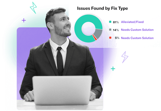 Man in a suit sitting at a laptop looking at a callout from the AudioEye portal representing accessibility issues found by our technology