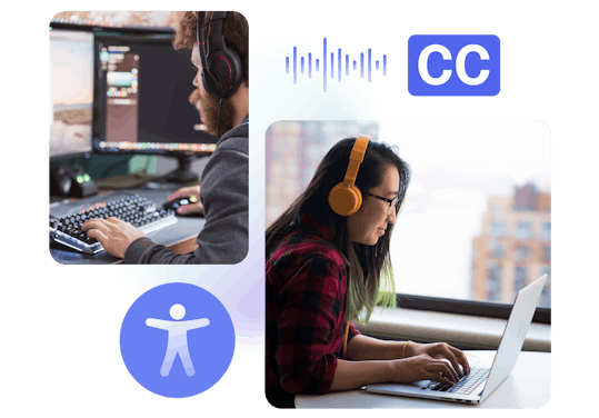 Grid collage of 2 transcribers working with headphones at their computers, with blue accessibility icon and closed captioning icon 