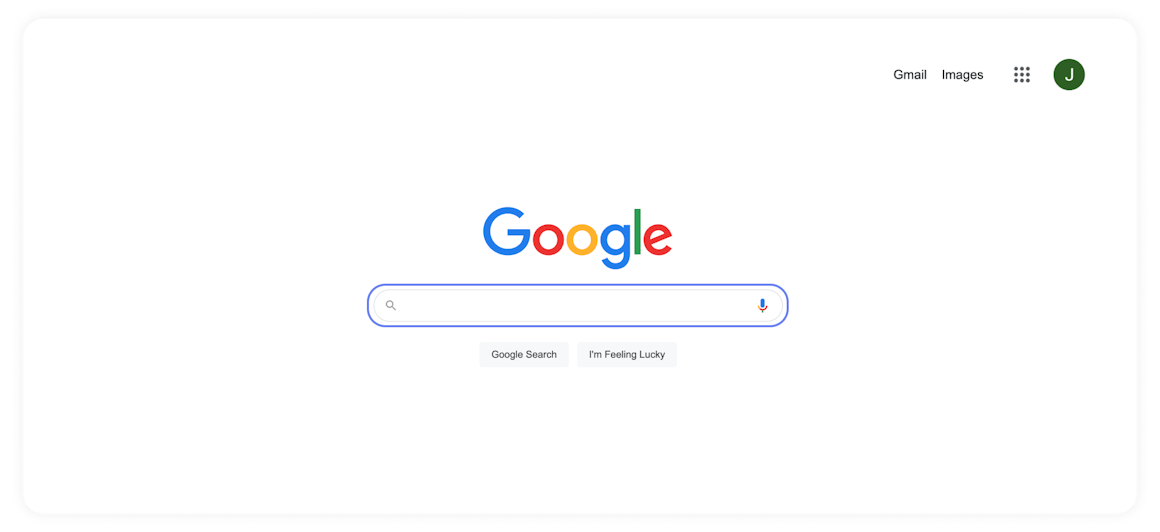 Google's homepage, with a focus state on the search bar