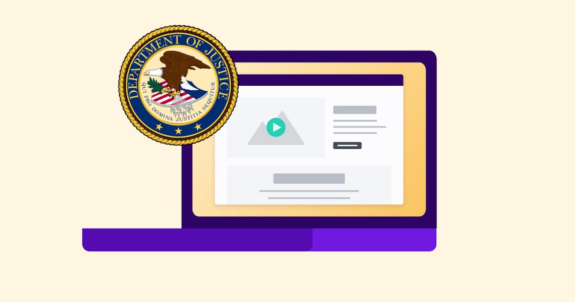 Computer monitor showing internet browser with the United States Department of Justice seal