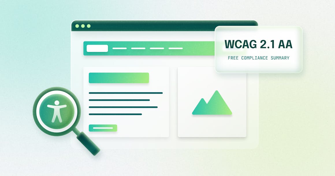 A stylized web page next to a magnifying glass that is positioned over an accessibility symbol. In the upper right corner is a label that reads "WCAG 2.1 AA."