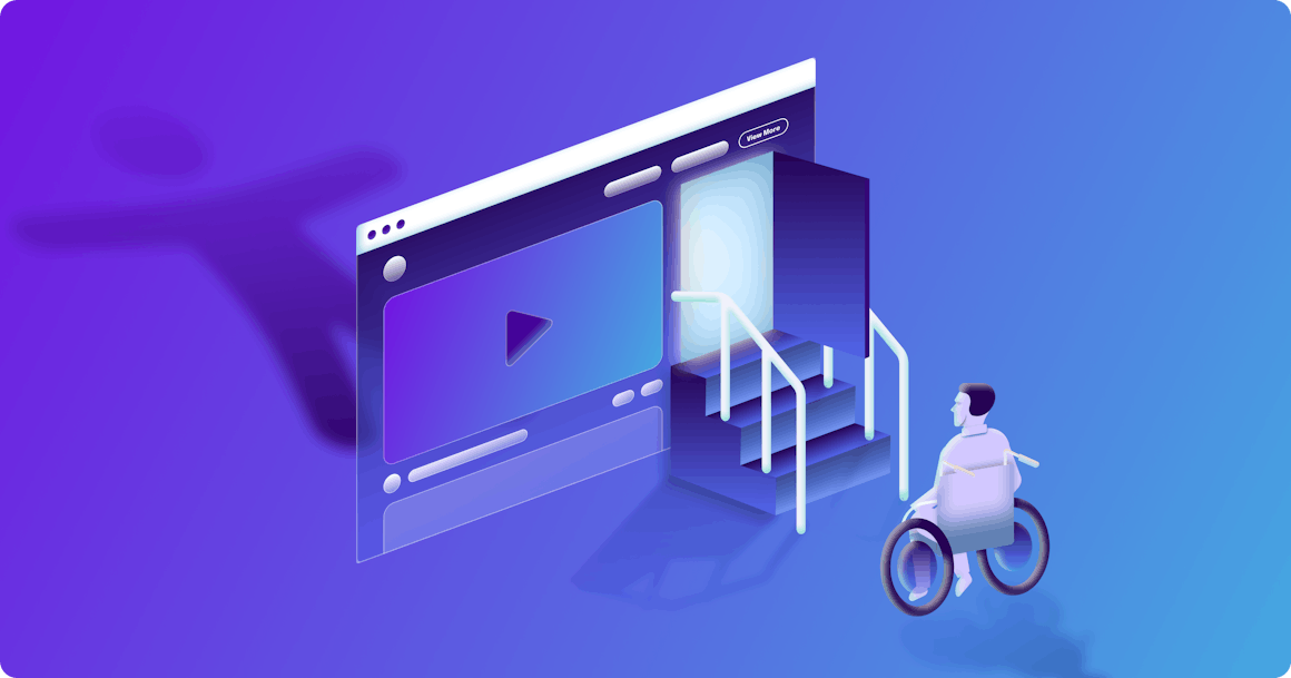 An abstract representation of an inaccessible website showing a wheelchair user prohibited by a staircase with a door that opens to a website browser. 