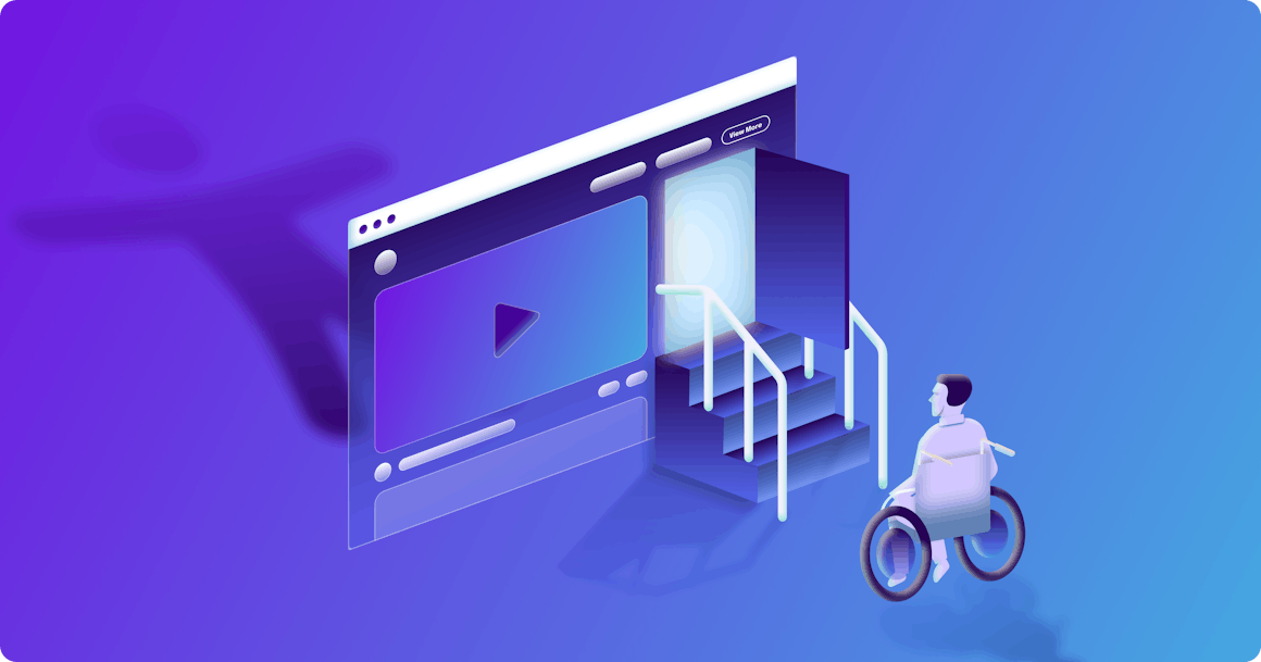 An abstract representation of an inaccessible website showing a wheelchair user prohibited by a staircase with a door that opens to a website browser.