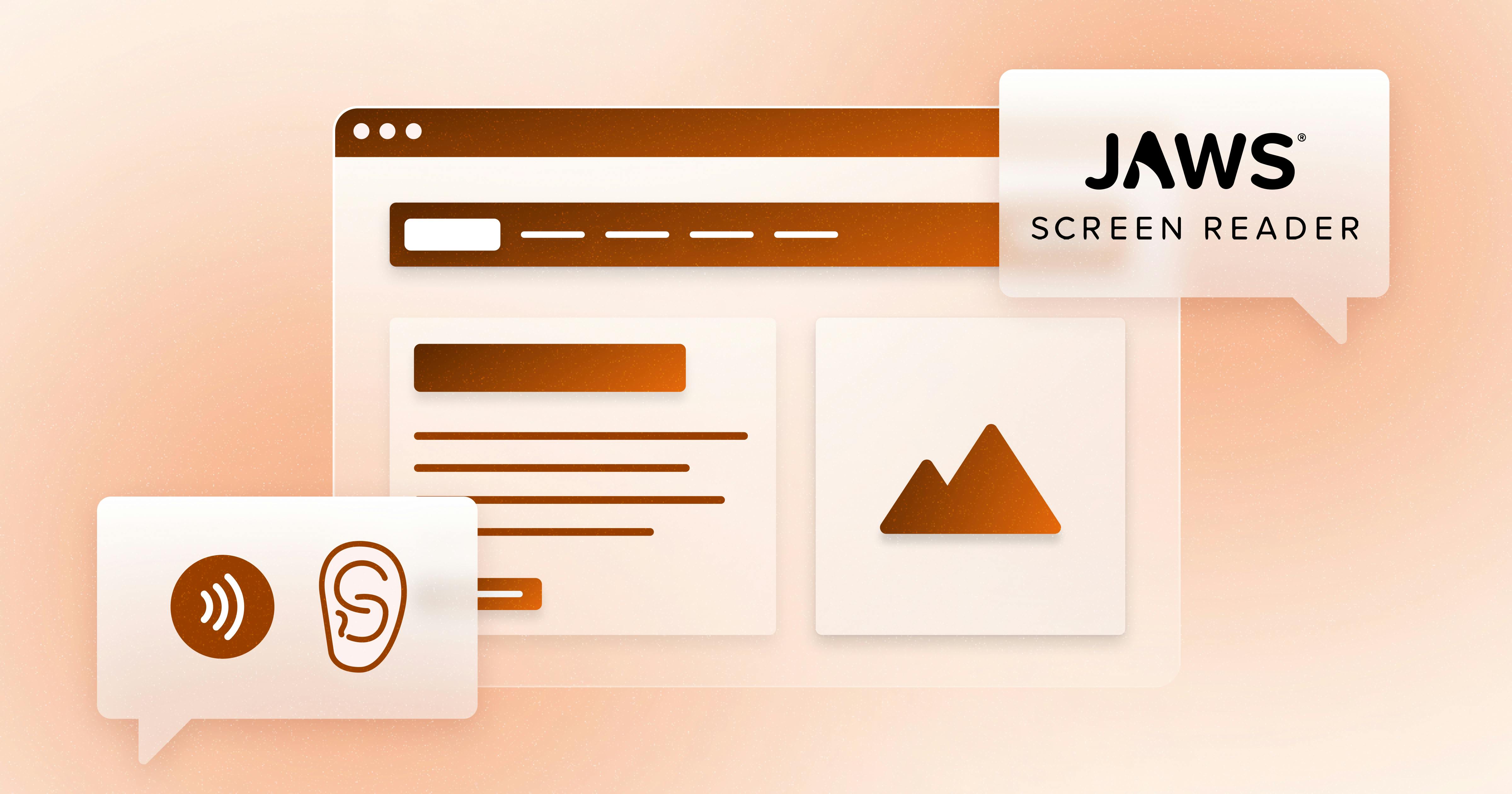 A stylized web browser, next to a logo for the JAWS screen reader and audio icons.