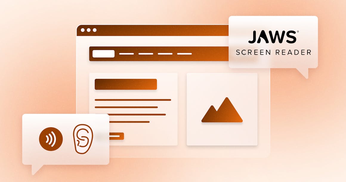 A stylized web browser, next to a logo for the JAWS screen reader and audio icons.