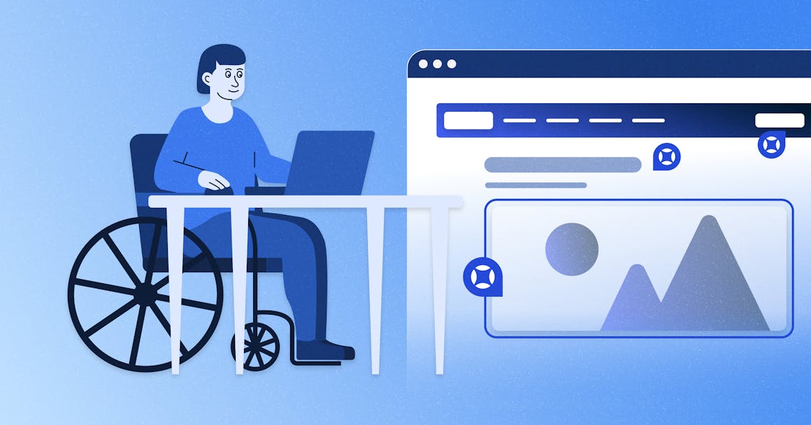 Person in a wheelchair sitting at desk with a computer on it and a stylized web browser behind them.