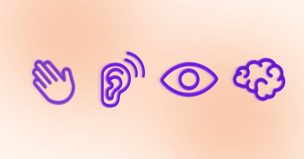 A series of icons that represent different disabilities: a hand for motor, an ear for auditory, an eye for visual, and a brain for cognitive.