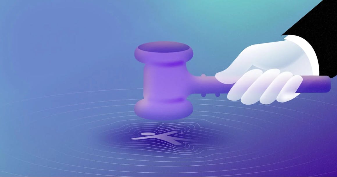 A hand holding a gavel over an accessibility icon, with a series of rippling outlines surrounding the icon like it's just been struck