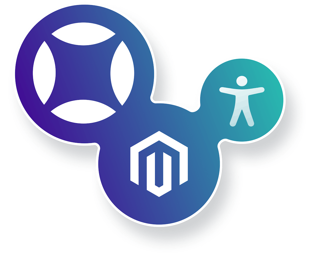 Magento logo and AudioEye logo with accessibility symbol