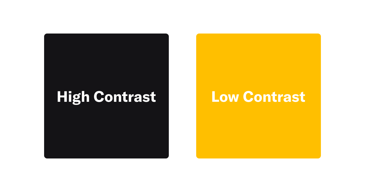 High Contrast spelled out on a black background and Low Contrast spelled out on a yellow background