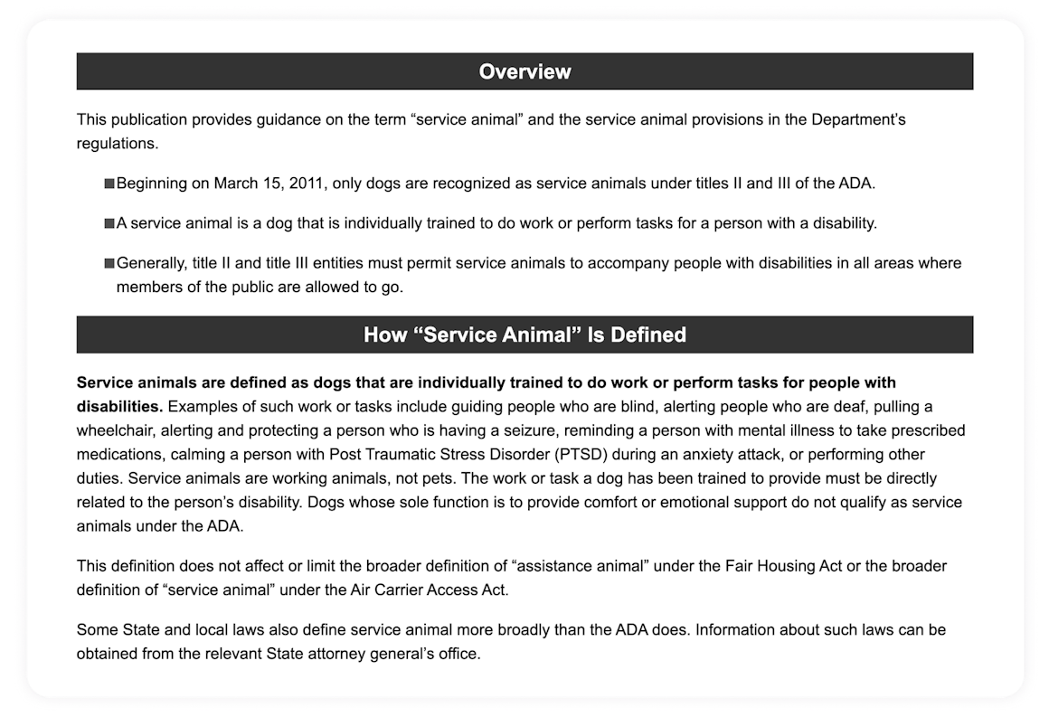 Image of original ADA site overview for service animals