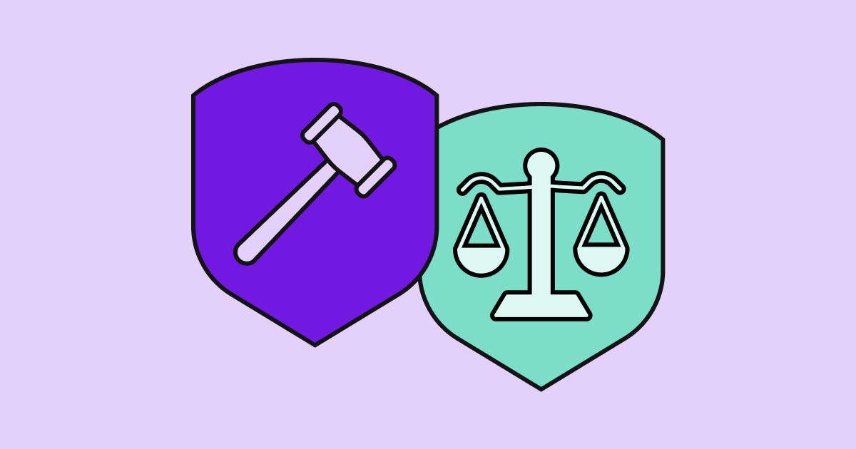 Two shields. One with a gavel and one with a legal scale.