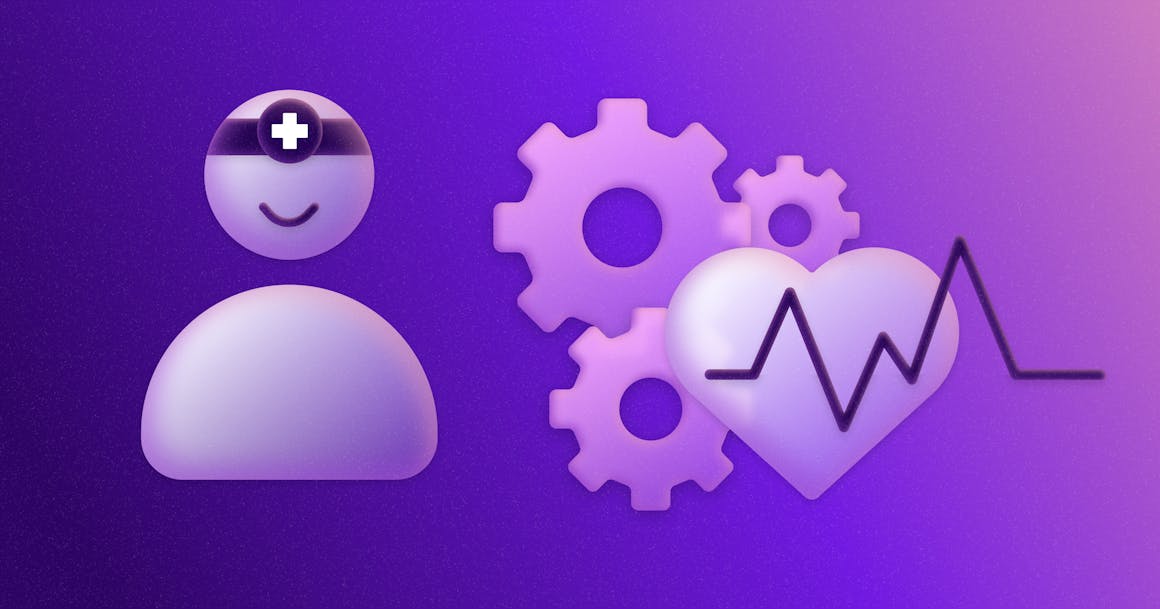 An icon of a heart rate on top of a set of gears, next to an icon of a medical professional.
