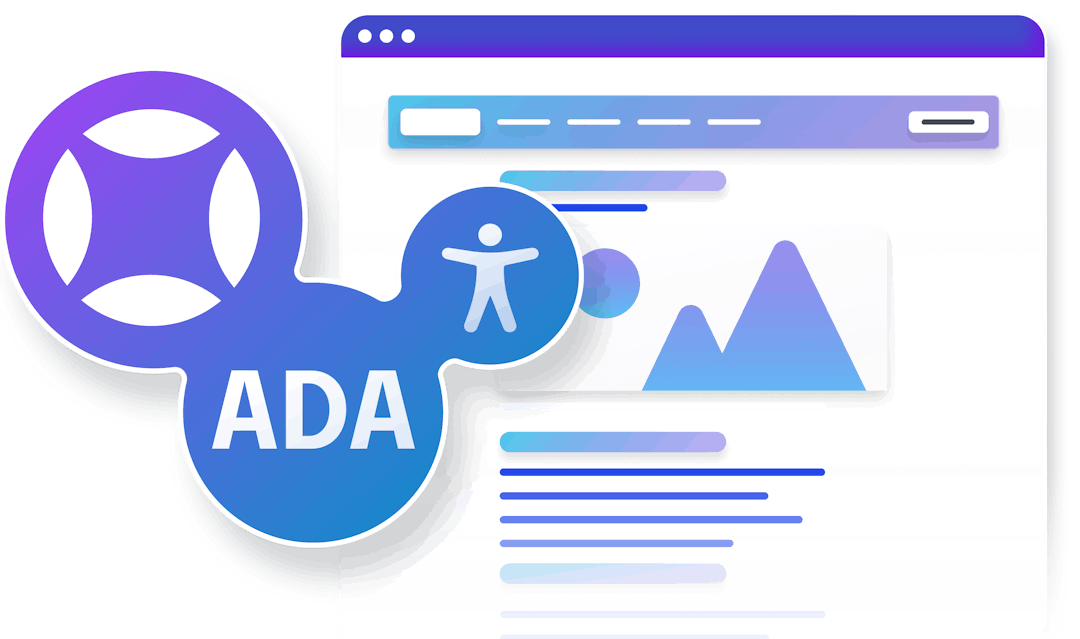 Illustration of a connected blob containing the AudioEye logo, the accessibility symbol , and the text "ADA" , floating off of a blue simplified webpage.