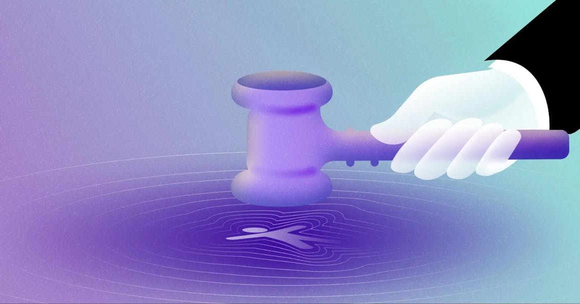 A hand holding a gavel, poised over an accessibility symbol with concentric ripples emanating from the center.