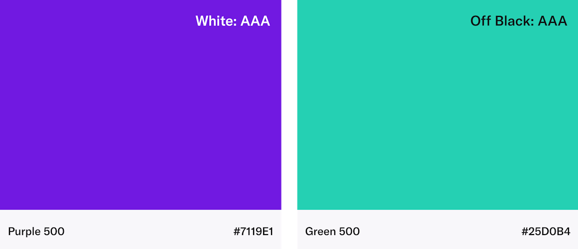 AudioEye's Primary Color Palette including Purple 500 (#7119E1) and Green 500 (#25D0B4)