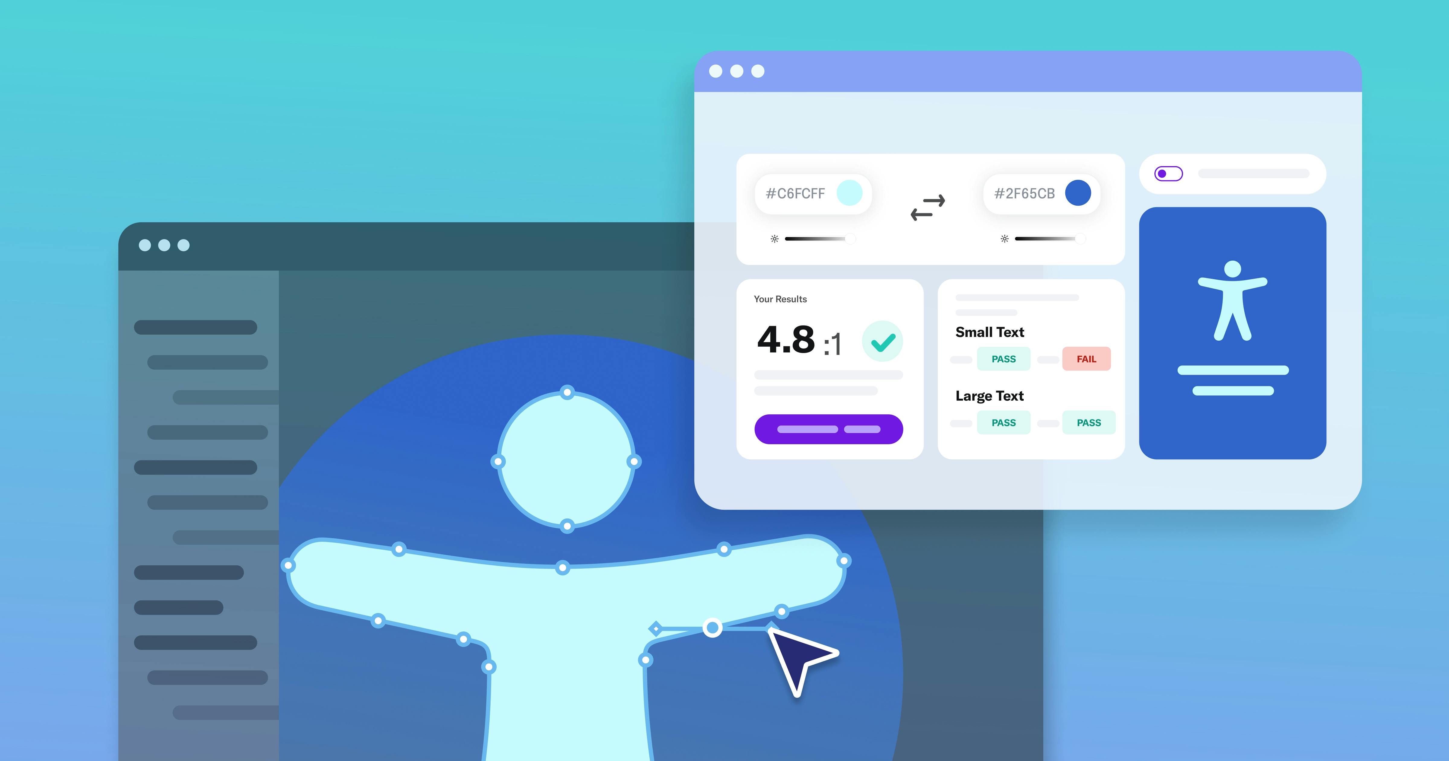 A dashboard view of a website design's hex codes, color contrast ratio, and text size