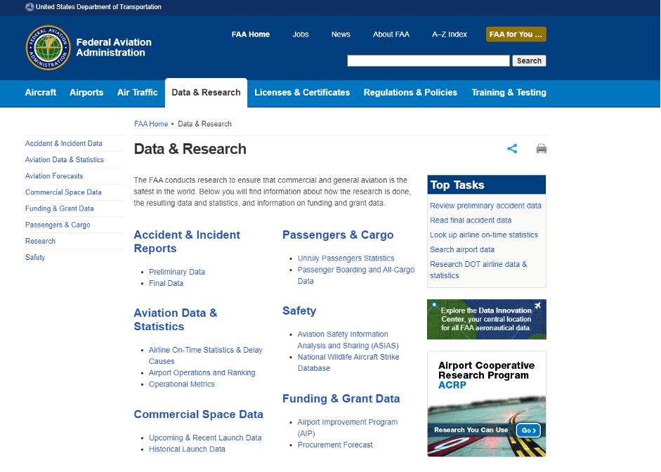 Federal Aviation Administration homepage screenshot