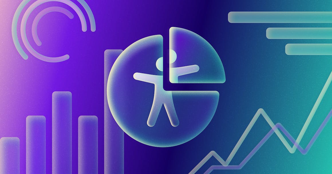 A series of graphs surrounding a pie chart that has a logo of a person inside it.