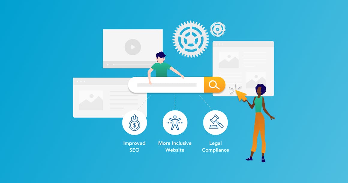 Illustration of man and woman with life-sized computer search bar