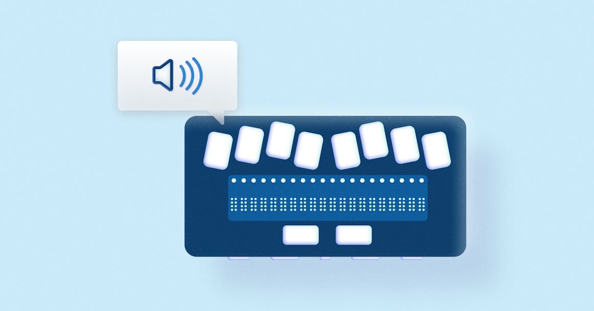 A graphic representation of a screen reader, next to an audio icon.