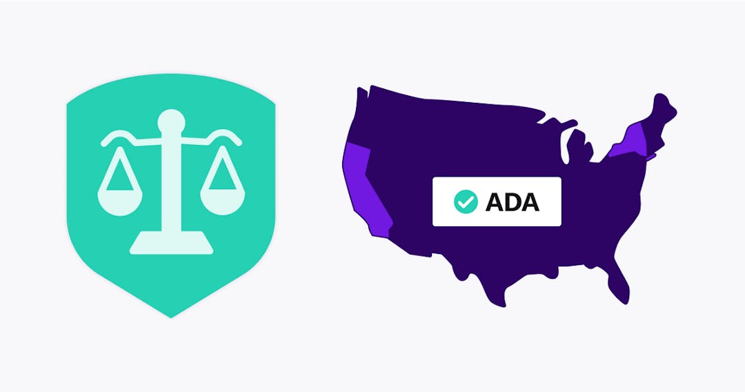 Legal scale on a shield and the states of California and New York highlighted on a map of the USA labeled with ADA.