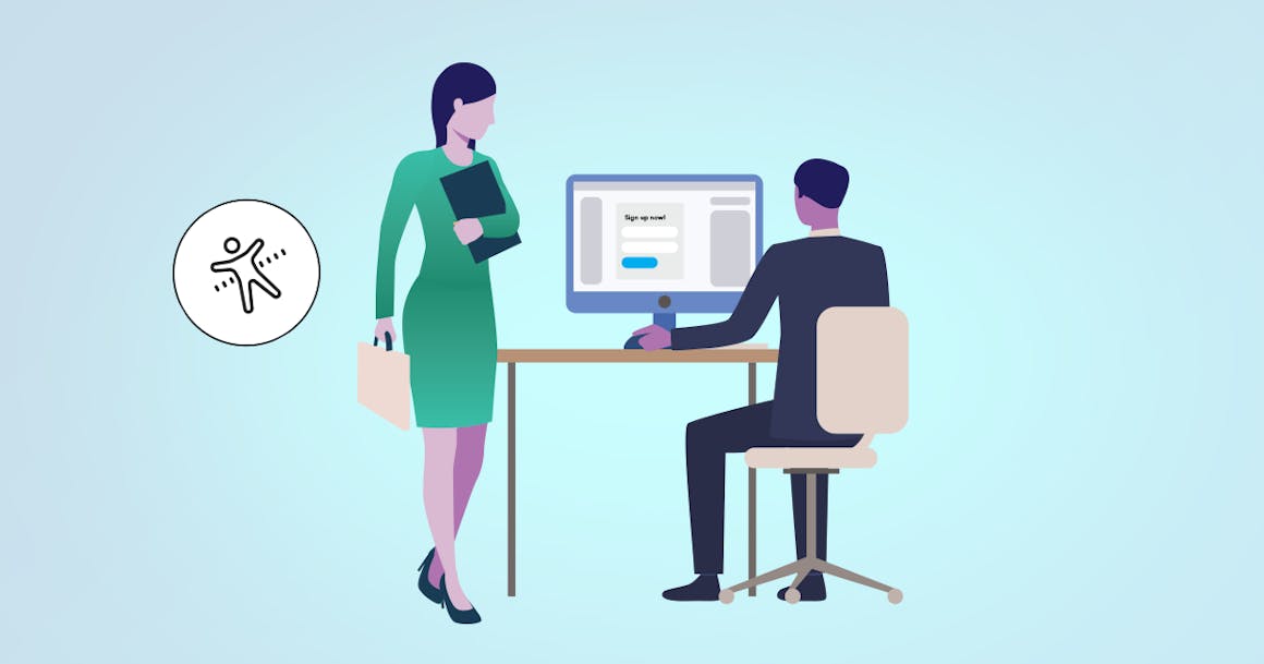 Illustration of man sitting at computer desk and woman standing next to him.
