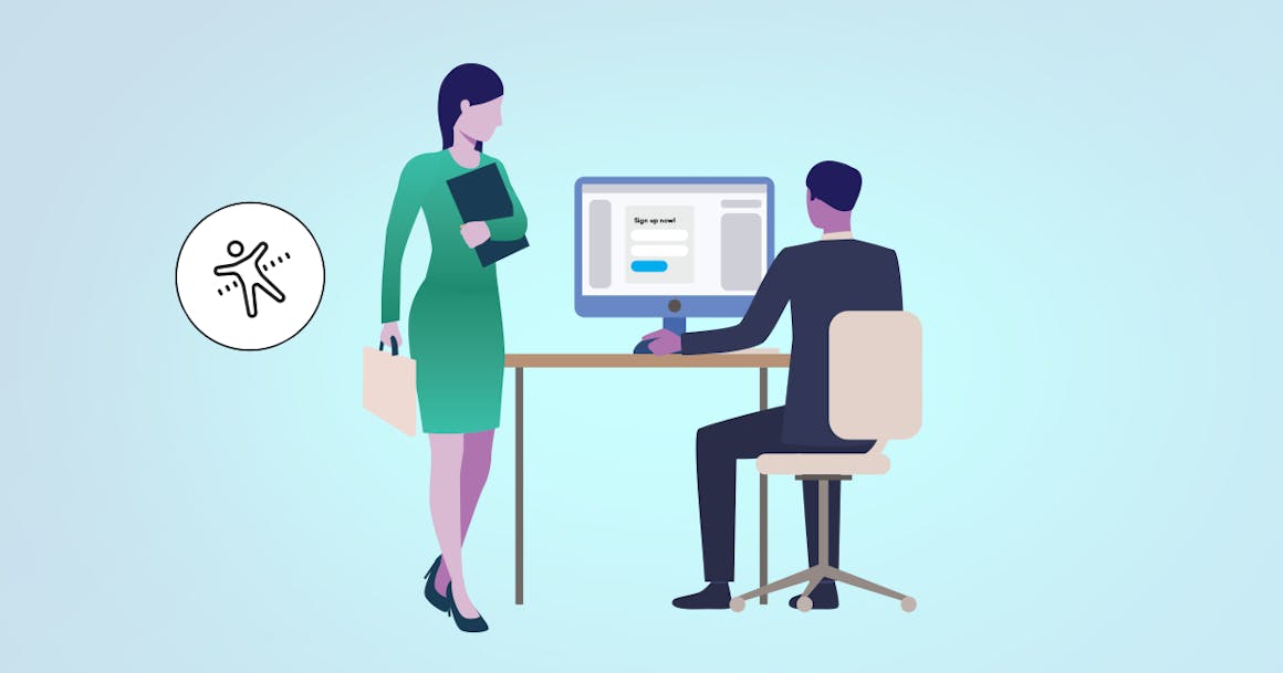 Illustration of man sitting at computer desk and woman standing next to him.