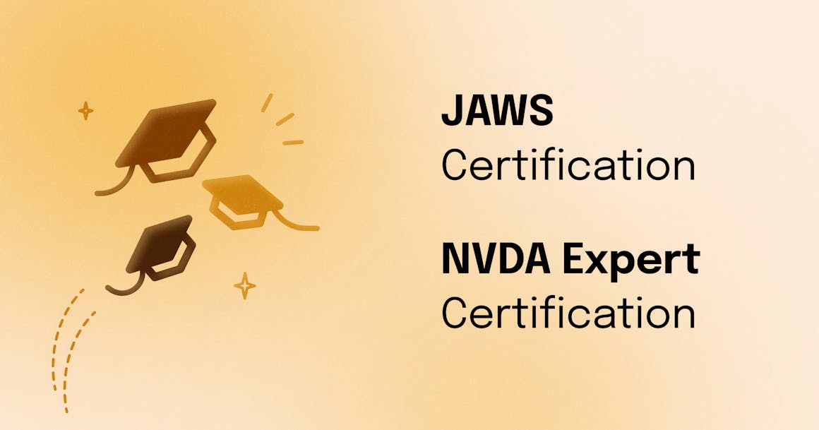 A banner that says JAWS Certification and NVDA Expert Certification, next to three graduation caps