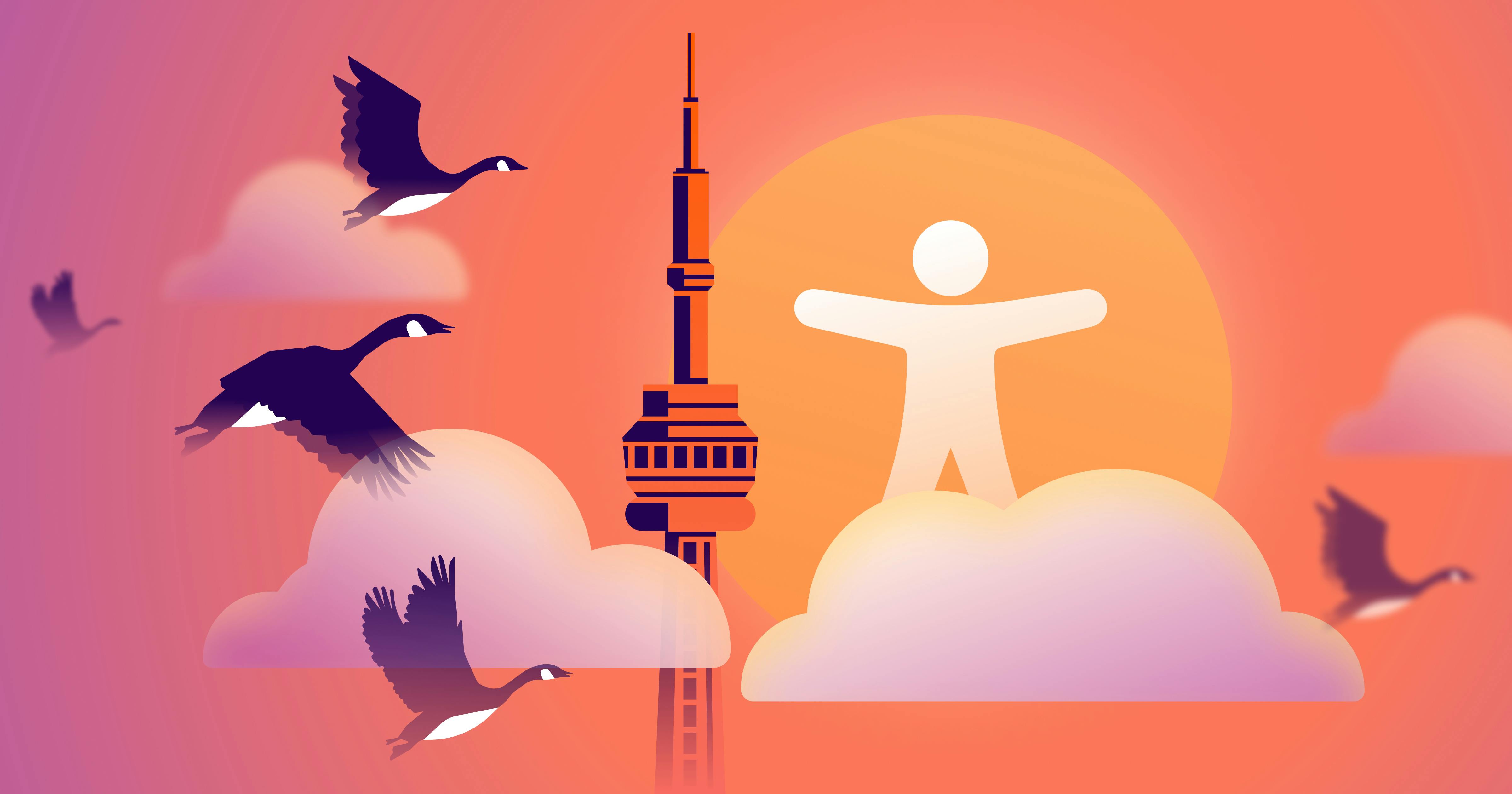 A stylized version of Ontario's CN Tower, with Canadien Geese flying past and an accessibility icon in the background.