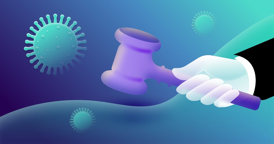 A hand holding a gavel, surrounded by illustrations of the COVID-19 vaccine.