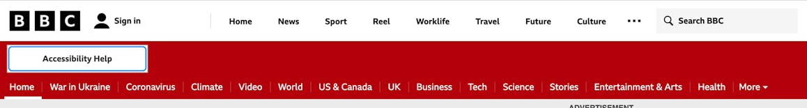 The navigation bar for BBC News' homepage. The Home tab is currently selected, beneath a button that says Accessibility Help.