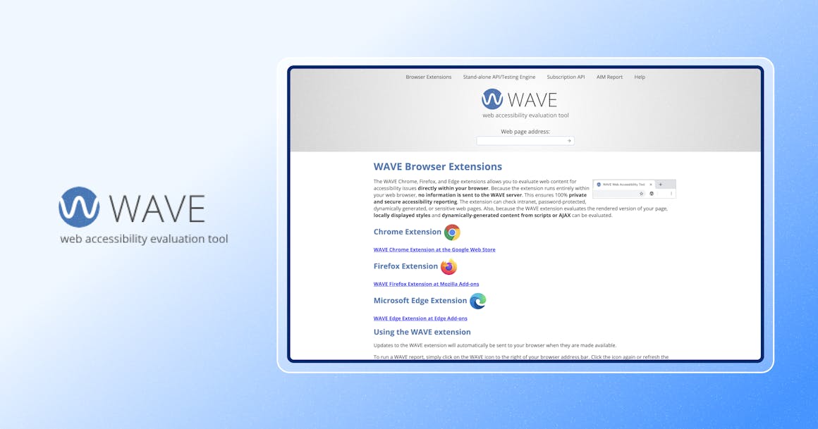 Screenshot of WAVE homepage with WAVE logo next to it.