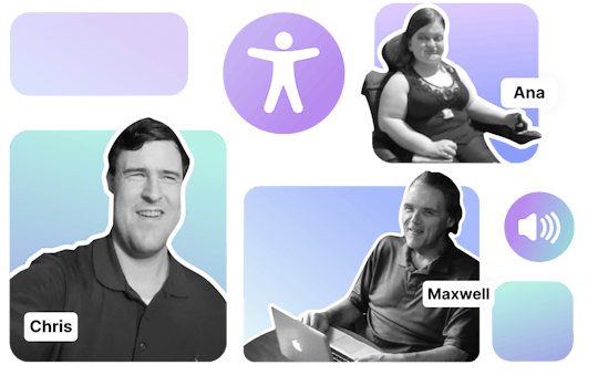 Collage of members of the AudioEye A11iance Team including Chris, Ana, and Maxwell who are all visually impaired.
