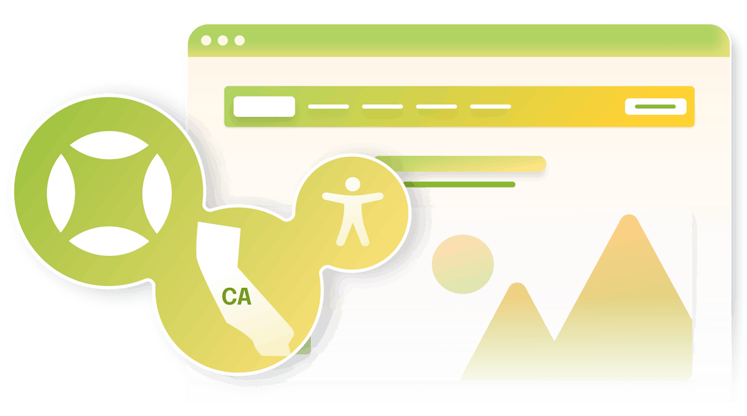 Illustration of a connected blob containing the AudioWye logo, the accessibility symbol, and the state of California, floating off of a blue simplified webpage.