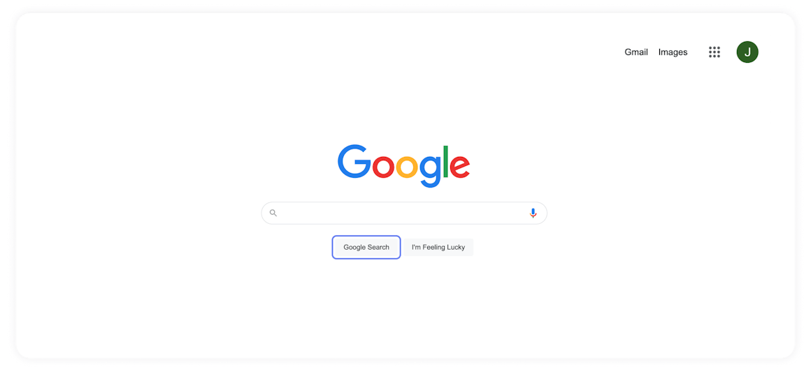 Google's homepage, with a focus state on the "Google Search" button.