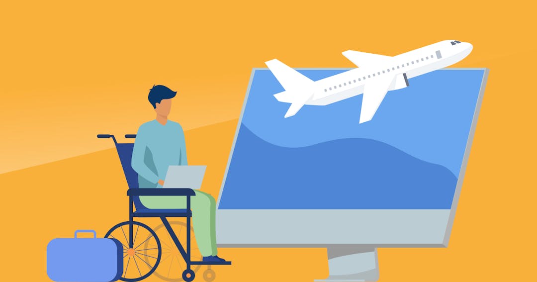 Illustration of a personal traveling by plane in a wheelchair