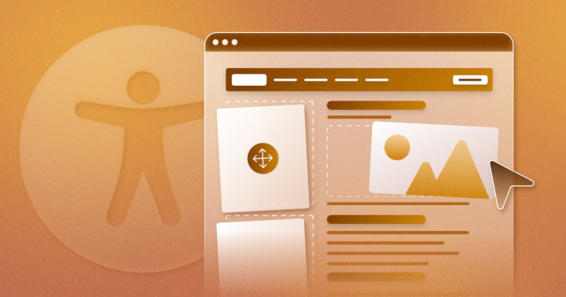 A stylized webpage that shows different content blocks being dragged into place, next to an accessibility symbol.