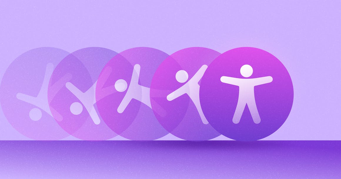 A stop-motion illustration of a purple accessibility icon rolling into frame from left to right