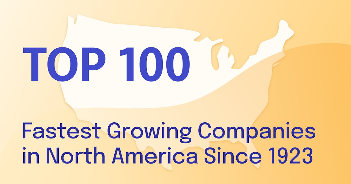 Outline of the United States labeled Top 100 Fast Growing Companies in North America since 1923