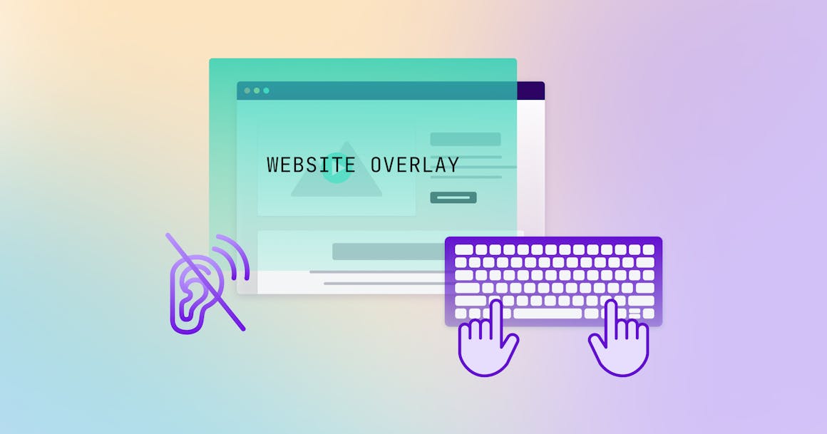 Stylized version of a website overlay on a web page, next to a symbol for hearing loss and an icon of a keyboard
