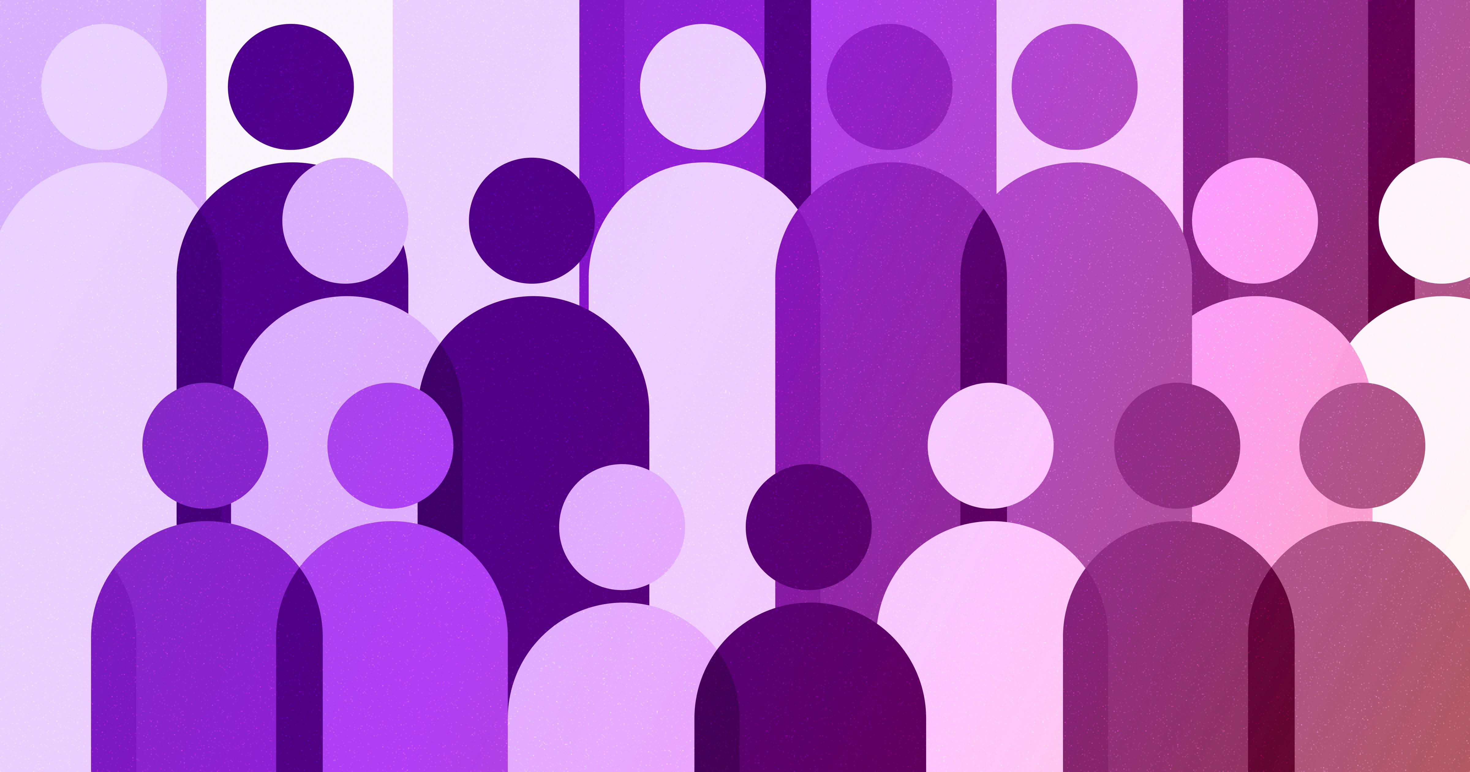 Silhouettes of people in varying shades of purple.
