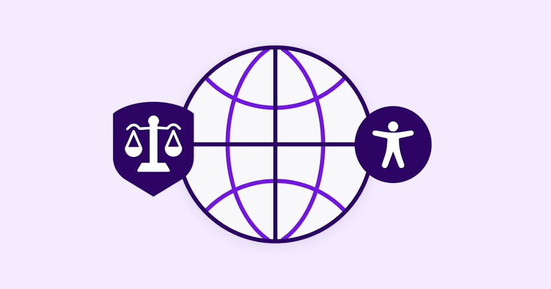 A world icon layered with a legal shield and accessibility symbol
