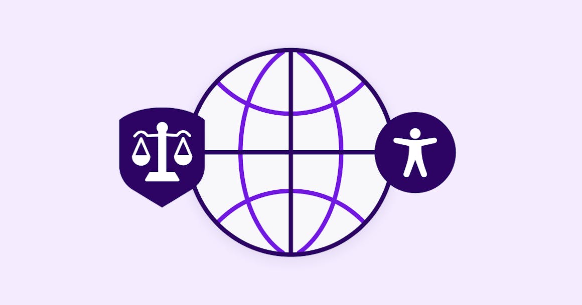 A world icon layered with a legal shield and accessibility symbol