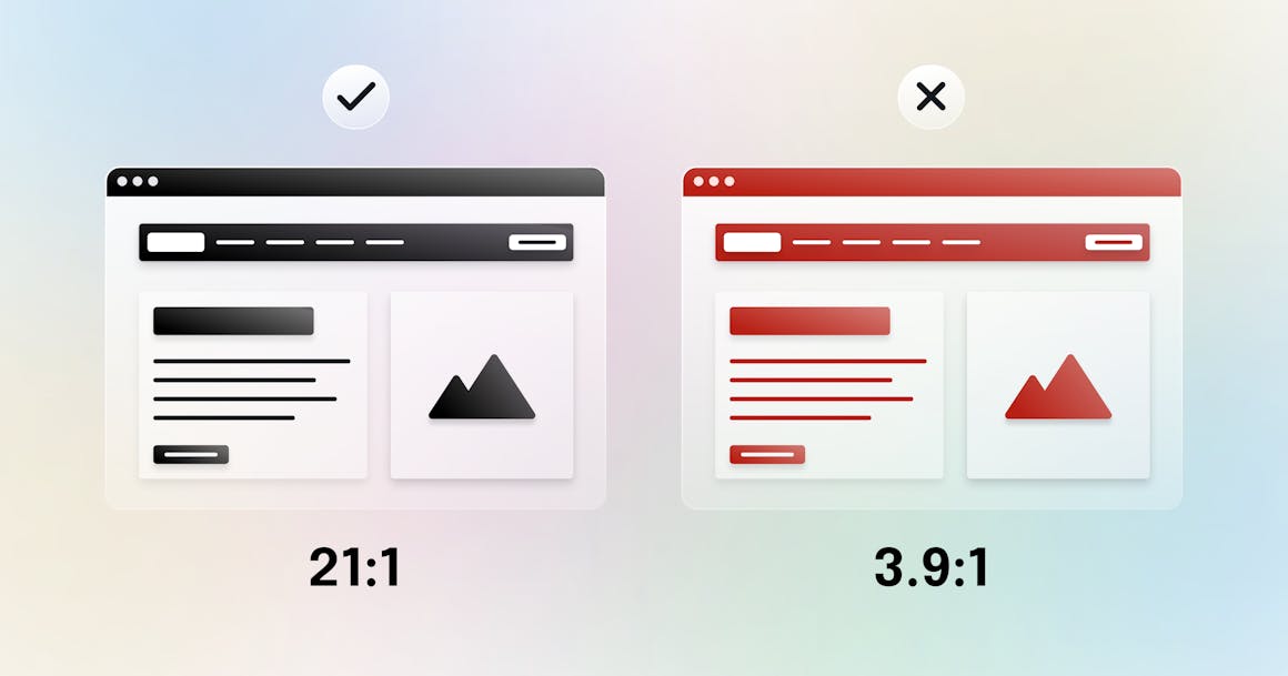 Two stylized web pages that show the difference in contrast between a black and white page and a red and white page.