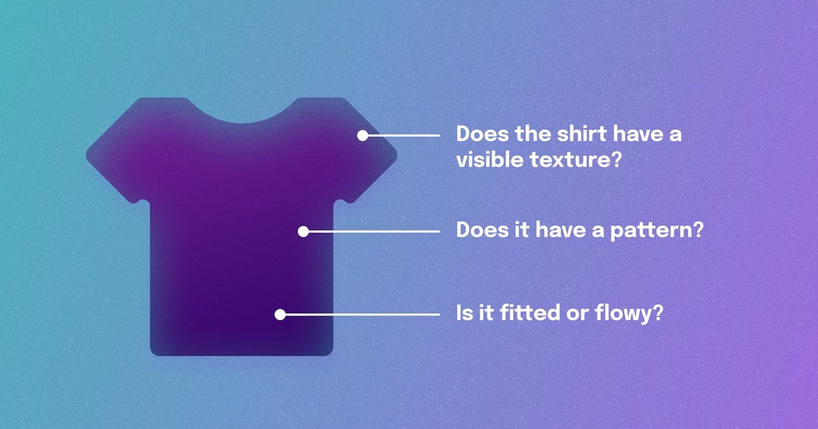 A shirt with three questions next to it. Does it have a visible texture? Does it have a pattern? Is it fitted or flowy?