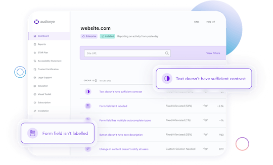 AudioEye dashboard of Issue reporting with examples of accessibility issues that have been fixed on the website.