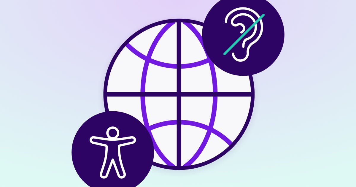 Globe icon with deaf symbol and accessibility symbol