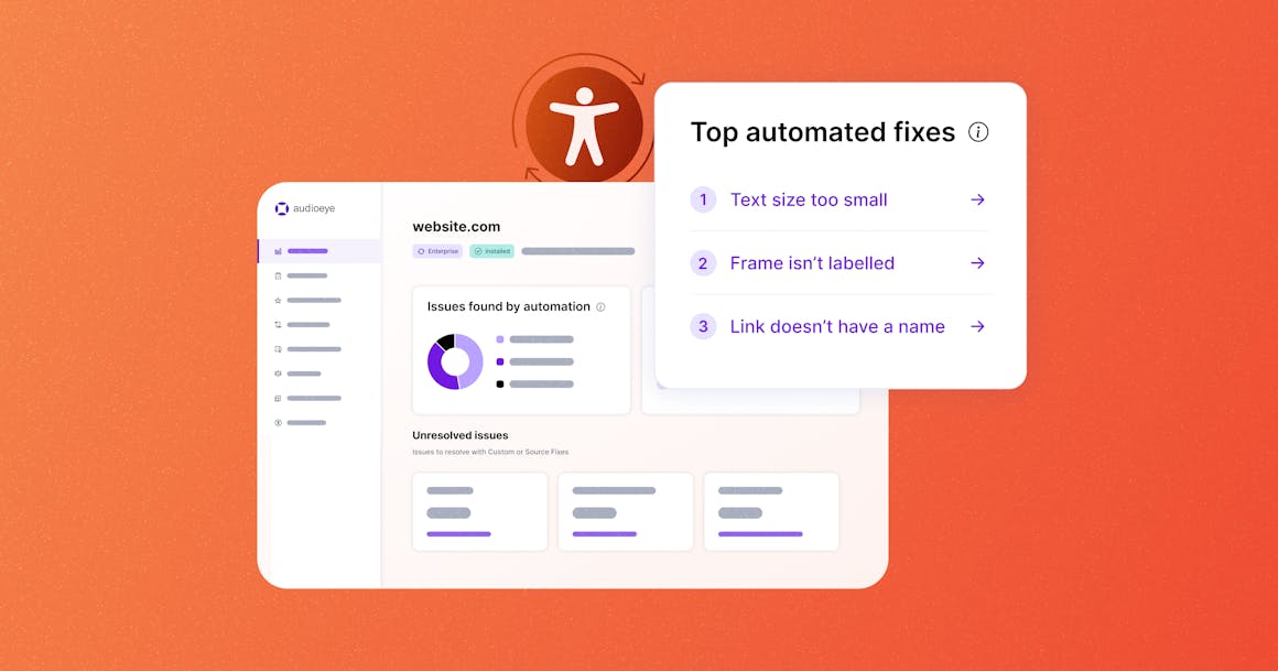 Stylized web browser next to pop up box that reads 'top automated fixes' with accessibility icon over it.